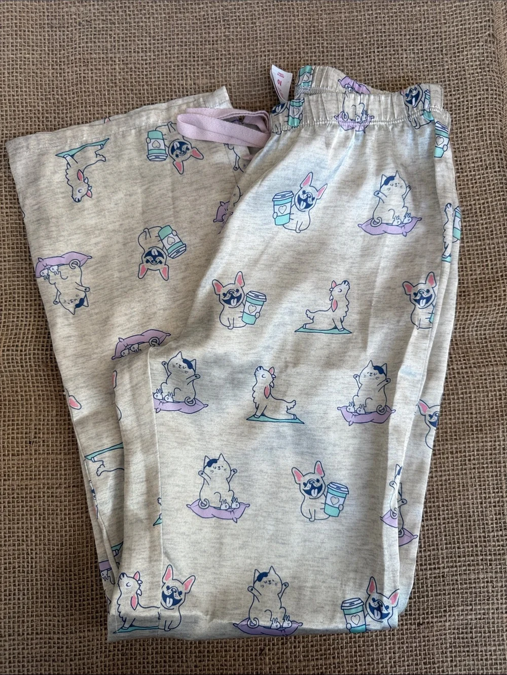 Justice Beige French bulldog Cat Print Pajama Pants with Pink Drawstring pjs